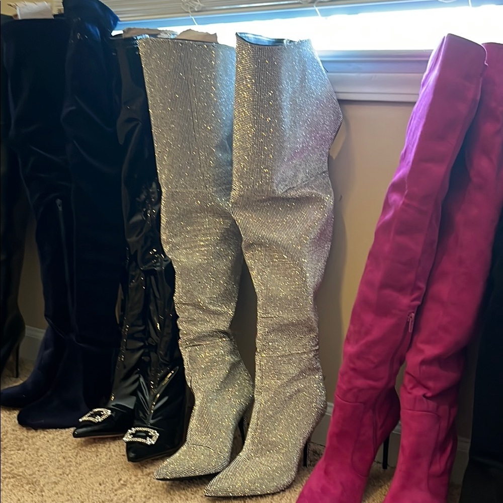 AKIRA Silver Sparkle Over-the-Knee Boots
